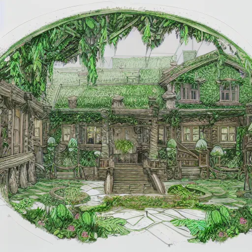 Prompt: annotated highly, detailed and intricate, sketch of a lodge full of green plants, marker concept art style rendering, concept art, half blueprint, trending on artstation, intricate details, center frame, annotations