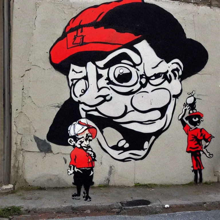 Image similar to Street-art portrait of Popeye the Sailor in style Banksy, photorealism