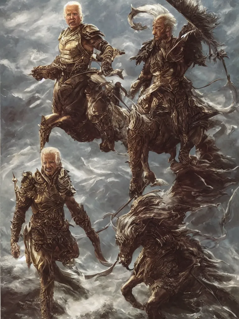 Prompt: Joe Biden as a fantasy adventurer, full body portrait, dynamic pose, oil painting by Noriyoshi Ohrai