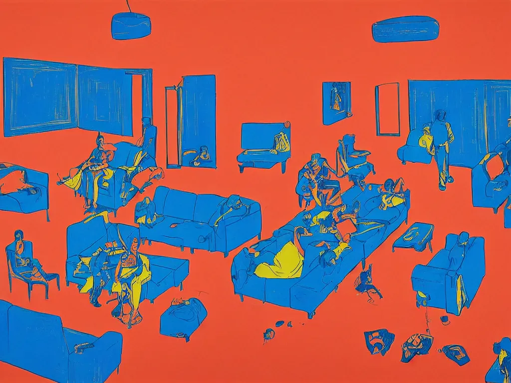 Prompt: The whole rooms starts to bounce, we are in a living room of a house, I fall down and up, there is a bright light in the middle of the room, I turn it off. I see another guy sitting on the sofa, now participating in the bounce, I want to sit out too..., vibrant screen print by jeffrey smith and Yves Klein and moebius