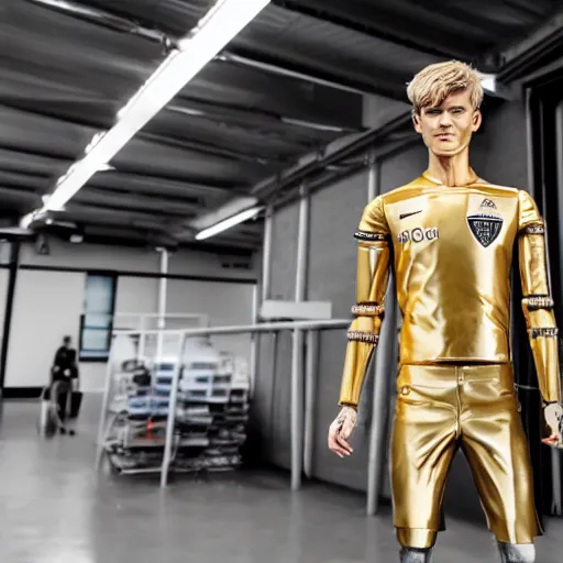 Image similar to a realistic detailed photo of a guy who is an attractive humanoid who is half robot and half humanoid, who is a male android, soccer players martin ødegaard, shiny skin, posing like a statue, blank stare, in a factory, on display, showing off his muscles, gold soccer shorts, back view