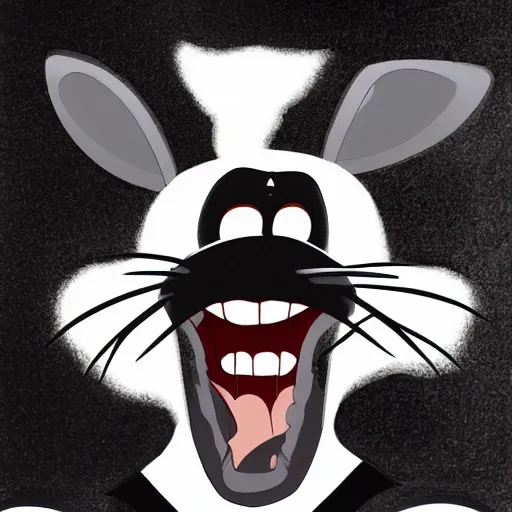 Image similar to A extremely highly detailed majestic hi-res beautiful, highly detailed head and shoulders portrait of a scary terrifying, horrifying, creepy black cartoon rabbit evil laughing standing up wearing pants and a shirt in the style of Walt Disney