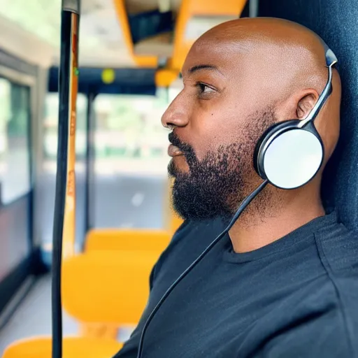 Prompt: portrait of a bald 👨🏾‍🦲 with a goatee, wearing headphones and scrolling social media on the bus