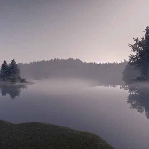 Image similar to still shot of a lake covered in morning fog, highly detailed, photorealistic portrait, bright studio setting, studio lighting, crisp quality and light reflections, unreal engine 5 quality render