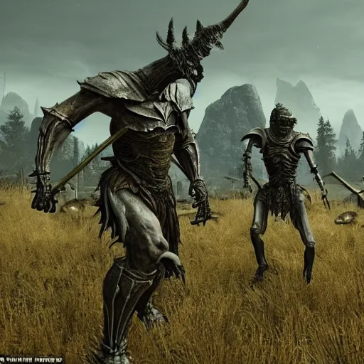Image similar to A giant from skyrim fights an army of skeletons in an open field, with the kingdom in the background, detailed, elegant, intricate, conceptual, volumetric light,