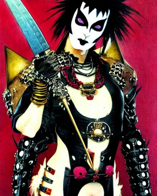 Image similar to portrait of a skinny punk goth kabuki wearing armor by simon bisley, john blance, frank frazetta, fantasy, thief warrior