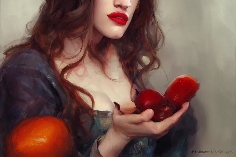 Image similar to A portrait of Kat Dennings eating various fruits by Ruan Jia and Mandy Jurgens and Artgerm and william-adolphe bouguerea, highly detailed, trending on artstation, award winning, H 768