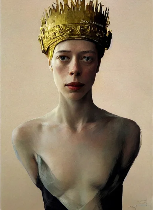 Image similar to rebecca hall portrait wearing golden metal crown by edward hopper and james gilleard, zdzislaw beksinski, highly detailed