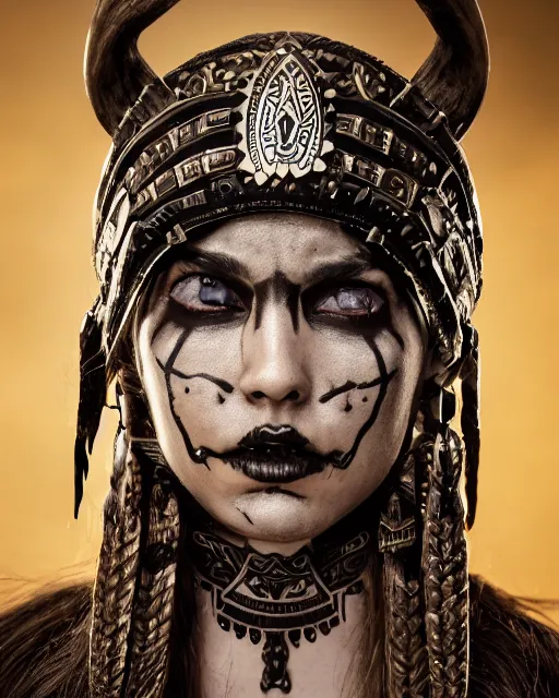 Image similar to photorealistic headshot of beautiful female ornate fantasy viking indian tribal aztec warrior, angry, black skull warpaint, Neil Blevins, James Paick, Natasha Tan Maciej Kuciara, Frank frazetta, arney freytag, Ritu Kumar, Sabyasachi Mukherjee, Magic the gathering, octane, bokeh, 8k, fashion pose, cinematic, 28mm