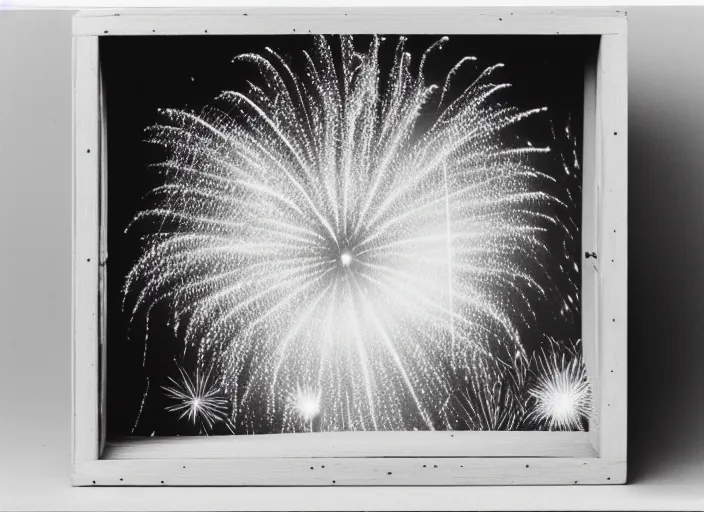 Image similar to realistic photo of a white fireworks, in a wooden box, front view, grain 1 9 9 0, life magazine reportage photo, metropolitan museum photo