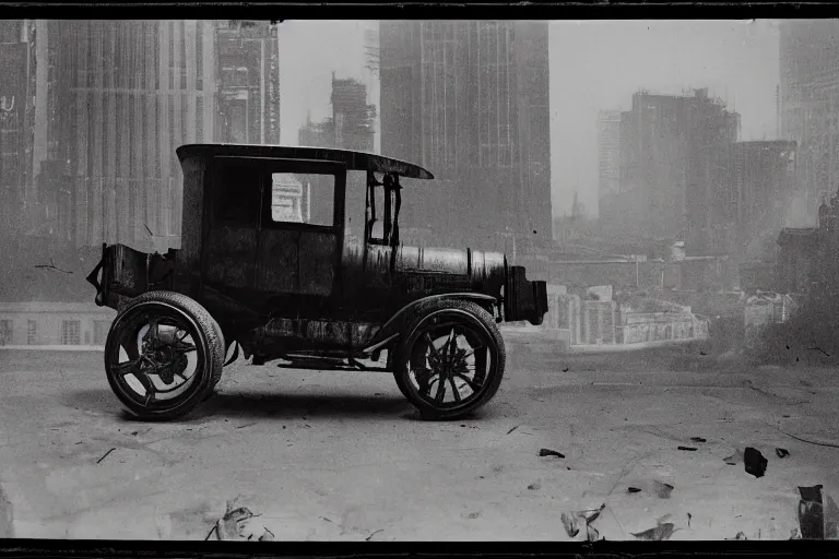 Image similar to cyberpunk 1 9 0 8 model ford t by paul lehr, metropolis, view over city, vintage film photo, damaged photo, scratched photo, scanned in, old photobook, silent movie, black and white photo