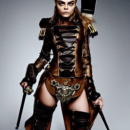 Image similar to full body photo of cara delevingne as a steampunk warrior