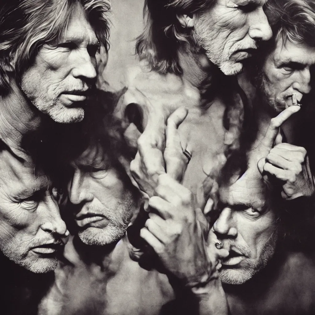 Prompt: award winning photo of roger waters, david gilmoUR smoking, vivid colors, happy, symmetrical face, beautiful eyes, studio lighting, wide shot art by Sally Mann & Arnold Newman