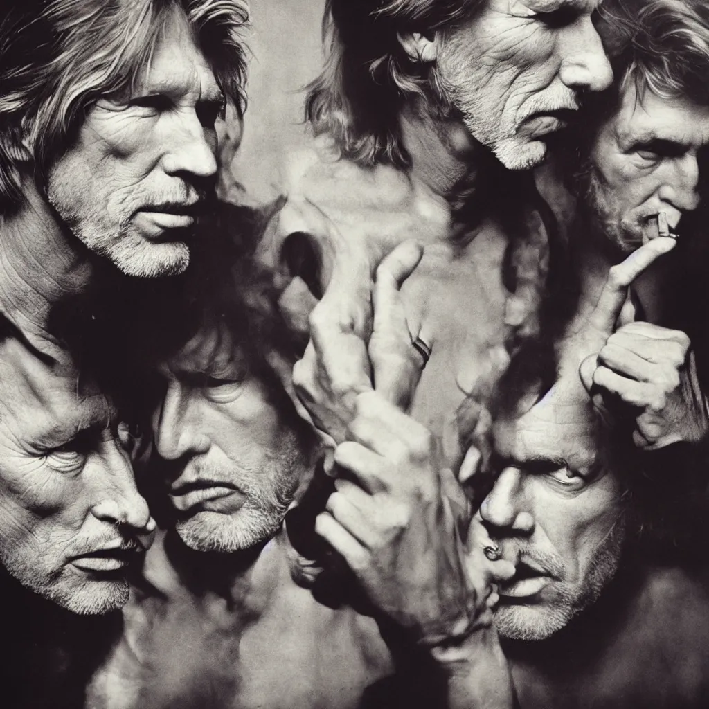 Image similar to award winning photo of roger waters, david gilmoUR smoking, vivid colors, happy, symmetrical face, beautiful eyes, studio lighting, wide shot art by Sally Mann & Arnold Newman