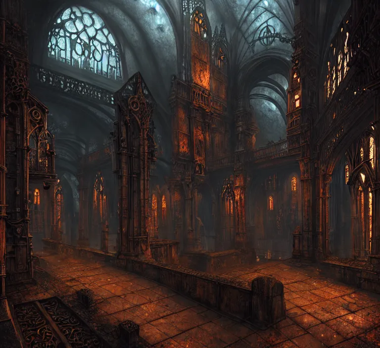 Image similar to steam necropolis, memento mori, gothic, neo - gothic, art nouveau, hyperdetailed copper patina medieval icon, stefan morrell, philippe druillet, ralph mcquarrie, concept art, steampunk, unreal engine, detailed intricate environment, octane render, moody atmospherics, volumetric lighting, ultrasharp, ominous, otherworldly