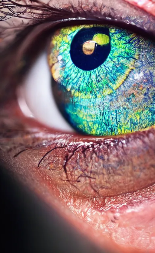 Image similar to image of an eyeball with iridescent pupil, art, photorealistic, realistic, photo, 8K, HDR, 8K resolution, detailed, high quality, high resolution, lossless quality