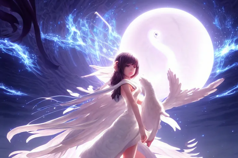 Image similar to white dressed summoner girl fighting against outer gods with their creatures. floating planets on the background, box office hit, fantasy and cosmic horror movie, unreal engine, intricate, highly detailed 8 k, ambient occlusion, extremely beautiful and aesthetic shape of face and body, art by hiroaki samura and ilya kuvshinov and rossdraws