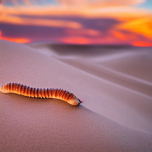 Image similar to sand dunes with a sand worm, worm, golden hour, sunset, dune, photo, photography, hyper realistic, cinematic, god rays, bokeh