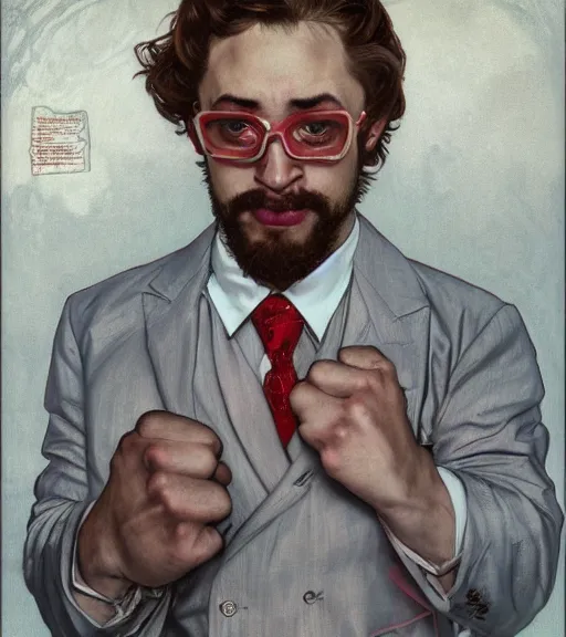 Prompt: Gigachad Sam Hyde wearing a high-end suit, boxing stance, wearing candy cane theme boxing gloves, sigma male, accurately portrayed, portrait art by alphonse mucha and greg rutkowski, highly detailed, digital painting, concept art, illustration, dim lighting with twilight rays of sunlight, trending on artstation, very detailed, smooth, sharp focus, octane render, close up