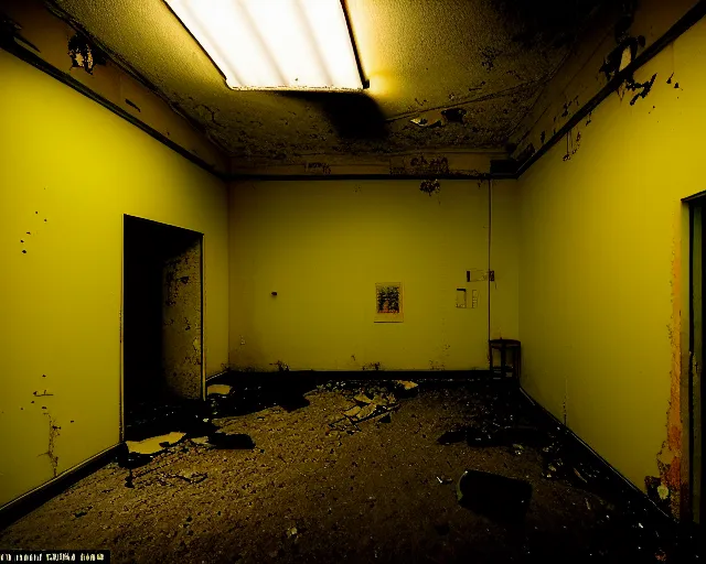 Image similar to the backrooms, the eerie forlorn atmosphere of a place that's usually bustling with people but is now abandoned and quiet, walls with tone of yellow, buzzing fluorescent lights above the ceiling, unsettling images, liminal space, dark