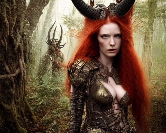 Image similar to 5 5 mm portrait photo of an armored redhead woman warrior, and horns growing from her head, in a magical forest. by luis royo. highly detailed 8 k. intricate. lifelike. soft light. nikon d 8 5 0. cinematic post - processing