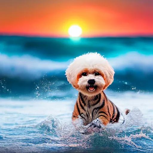 Image similar to a closeup photorealistic photograph of a cute smiling tiger bichon puppy splashing in the surf during sunset. professional capture, well lit shot. this 4 k hd image is trending on artstation, featured on behance, well - rendered, extra crisp, features intricate detail, epic composition and the style of unreal engine.