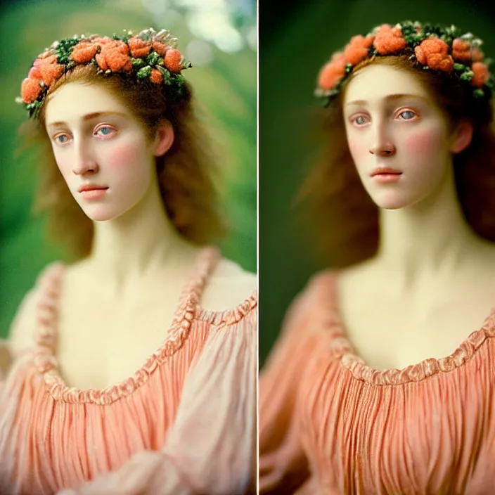 Image similar to Kodak Portra 400, 8K, soft light, volumetric lighting, highly detailed, britt marling style 3/4 ,portrait photo of a beautiful woman how pre-Raphaelites painter, n long elegant intricate ornamental ethereal coral and shells dress, natural skin tone, highly detailed realistic flowers ornament in the upper side of breast, bust with a long beautiful neck , long dark hair are intricate with highly detailed realistic coral and shells, elegant, Realistic, Refined, Highly Detailed, natural outdoor soft pastel lighting colors scheme, outdoor fine art photography, Hyper realistic, photo realistic