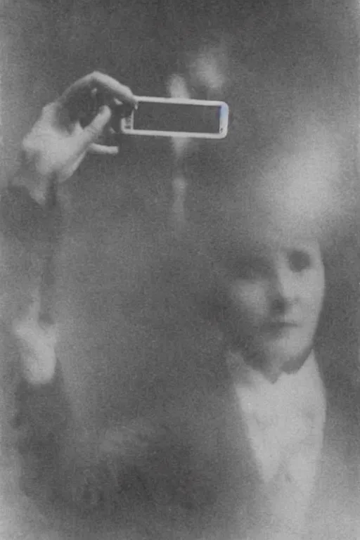 Image similar to 1 9 0 0 s photo of a person taking a selfie with an iphone photo grain double exposure masterpiece