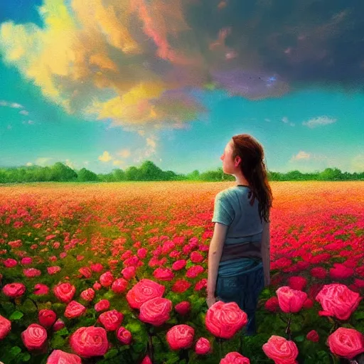 Image similar to large rose in front of face, girl frontal in a flower field, surreal photography, sunrise dramatic light, impressionist painting, colorful clouds, digital painting, artstation, simon stalenhag