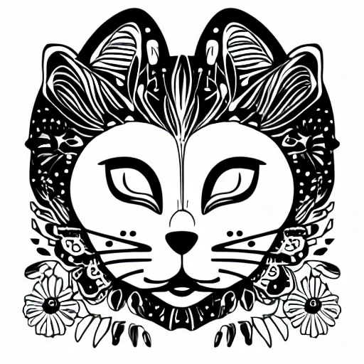 Image similar to A flower with a cat inside, sticker, highly detailed, colorful, illustration, smooth and clean vector curves, no jagged lines, vector art, smooth, black and white colouring book