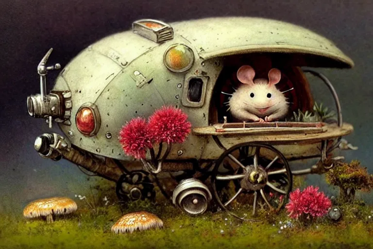Image similar to adventurer ( ( ( ( ( 1 9 5 0 s retro future robot android fat mouse house wagon mushrooms, flowers, moss. muted colors. ) ) ) ) ) by jean baptiste monge!!!!!!!!!!!!!!!!!!!!!!!!! chrome red