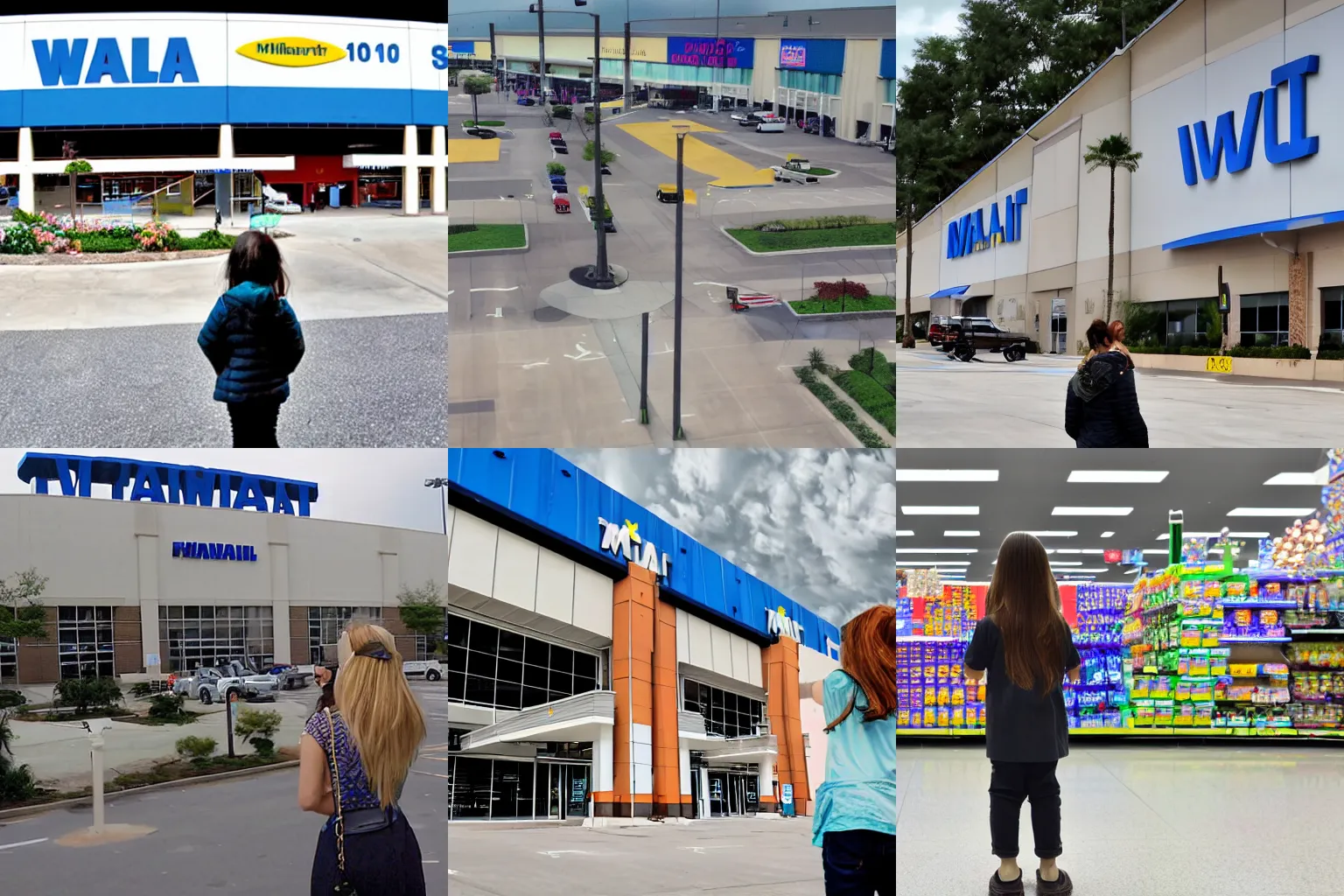 Prompt: A girl in front of Wal-Mart, CCTV footage, View from high