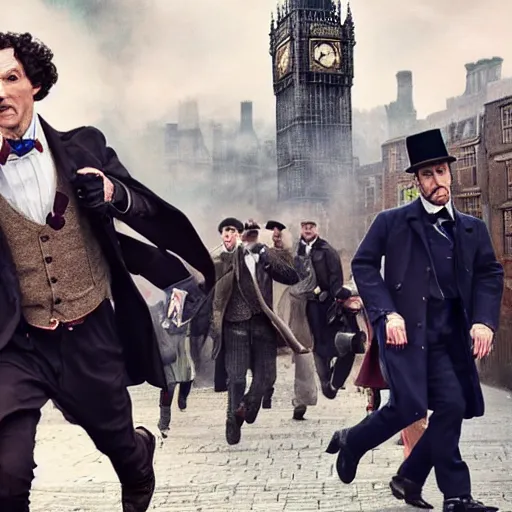 Image similar to [UHD candid photo of Sherlock Holmes running down the streets of futuristic steampunk London, correct face, accurate details, graphic detail, sharp focus by Annie Leibowitz]