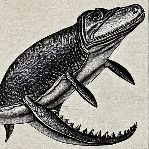 Image similar to “Victorian scientific drawing of a small icthyosaur with sharp teeth and sharp scales, the picture is a very detailed illustration drawn in pencil and India ink, realistic”