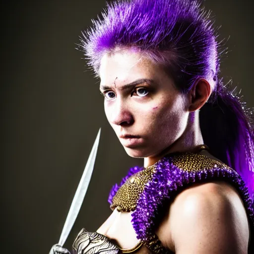 Prompt: photo of a real-life beautiful female warrior with amethyst encrusted armour