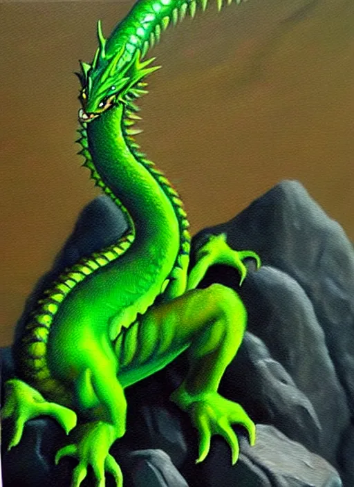 Prompt: “oil painting of green dragon with pointed tail sitting on a rocky outcropping in the style of Darrell K. Sweet”