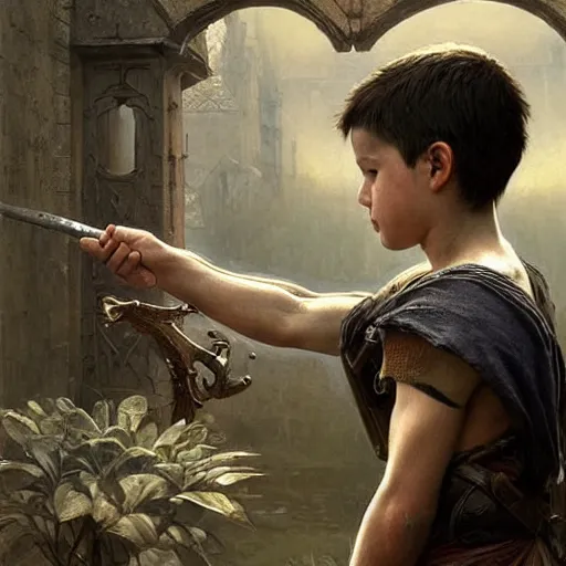 Image similar to a boy training to be a warrior painting, ultra realistic, concept art, intricate details, eerie, highly detailed, medieval town, no armor, no weapons, tutor in background, photorealistic, octane render, 8 k, unreal engine. art by artgerm and greg rutkowski and alphonse mucha