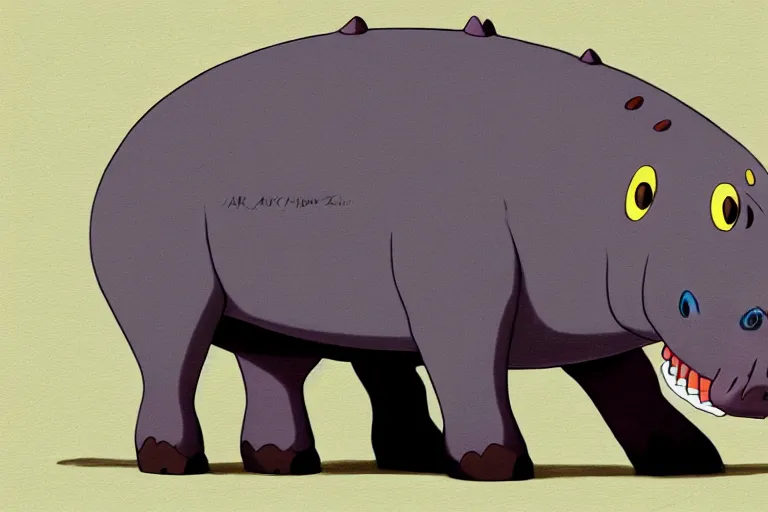 Image similar to a study of a cell shaded cartoon of a grey robot hippo from howl's moving castle ( 2 0 0 4 ), in an african river, full body, wide shot, very muted colors, post grunge, studio ghibli, highly detailed, deviantart, art by artgem