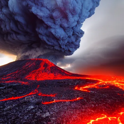 Image similar to volcanic storm clouds raining bright lava from the sky, 8k photorealistic, dramatic lighting, chiaroscuro