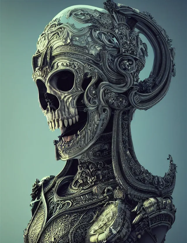 Image similar to 3 d goddess close - up profile portrait russian batman with ram skull. beautiful intricately detailed mask and weapon. artwork by giger and dali and beeple and greg rutkowski