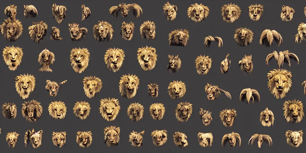 Prompt: game asset of unique lion heads on black background, organic, anime coloring, thick black lines, 2 d sprites, 8 k, close up