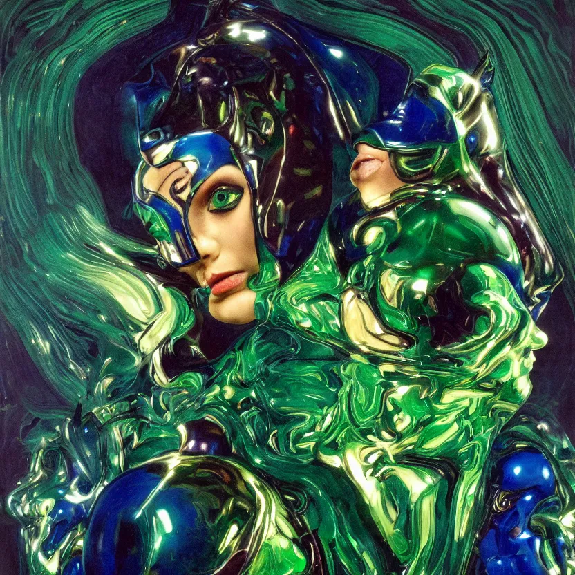 Prompt: a portrait of a liquid porcelain malachite ruby sapphire model with a magical mask. night time. deep reflective green blue tones. renaissance masterpiece. highly detailed sci - fi fantasy painting by norman rockwell, frank frazetta, johfra bosschart, and syd mead. rich colors, high contrast, dark background. artstation