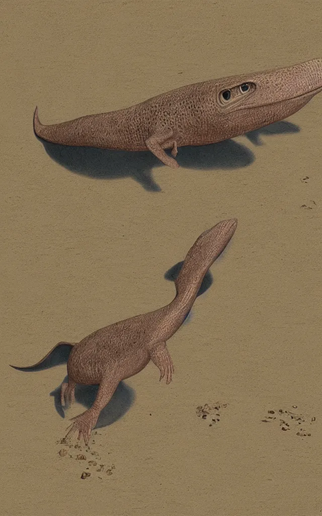 Image similar to a tiktaalik returning from the surface earth crust, realistic paleoart, masterpiece album cover