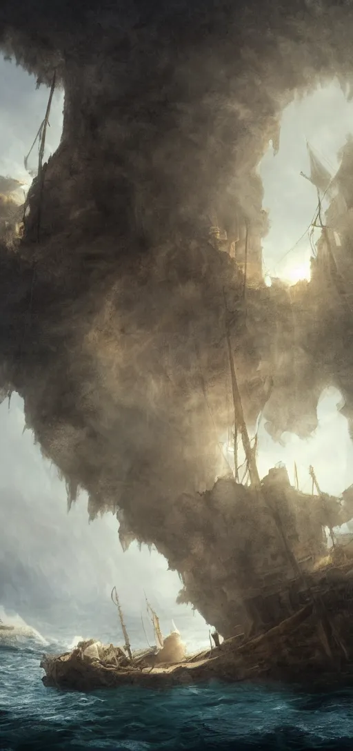 Prompt: matte painting of a sunken pirate ship in a cave, sails and rigging on fire, dramatic light, sunlight cones from an hole above, heavy fog, 8k, very detailed, concept art