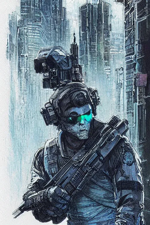 Prompt: ghost. Buff blackops mercenary in near future tactical gear and cyberpunk headset. Blade Runner 2049. concept art by James Gurney and Mœbius.