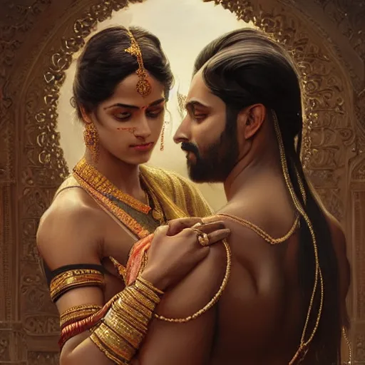 Prompt: portrait painting of dark muscular indian royal couple hugging from behind, ultra realistic, concept art, intricate details, eerie, highly detailed, photorealistic, octane render, 8 k, unreal engine. art by artgerm and greg rutkowski and alphonse mucha