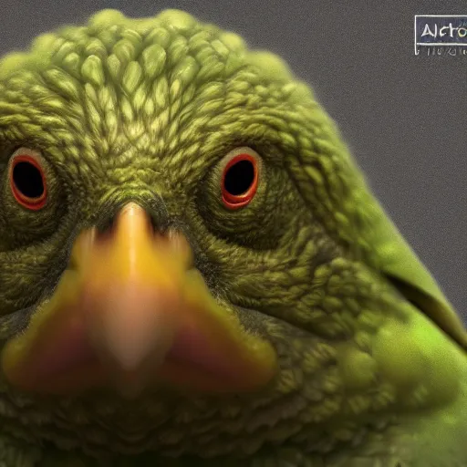 Image similar to photorealistic high resolution 3 d render of kakapo portrait, unreal engine 5, trending on artstation, volumetric lighting, subsurface scattering, highly detailed realistic human skin texture