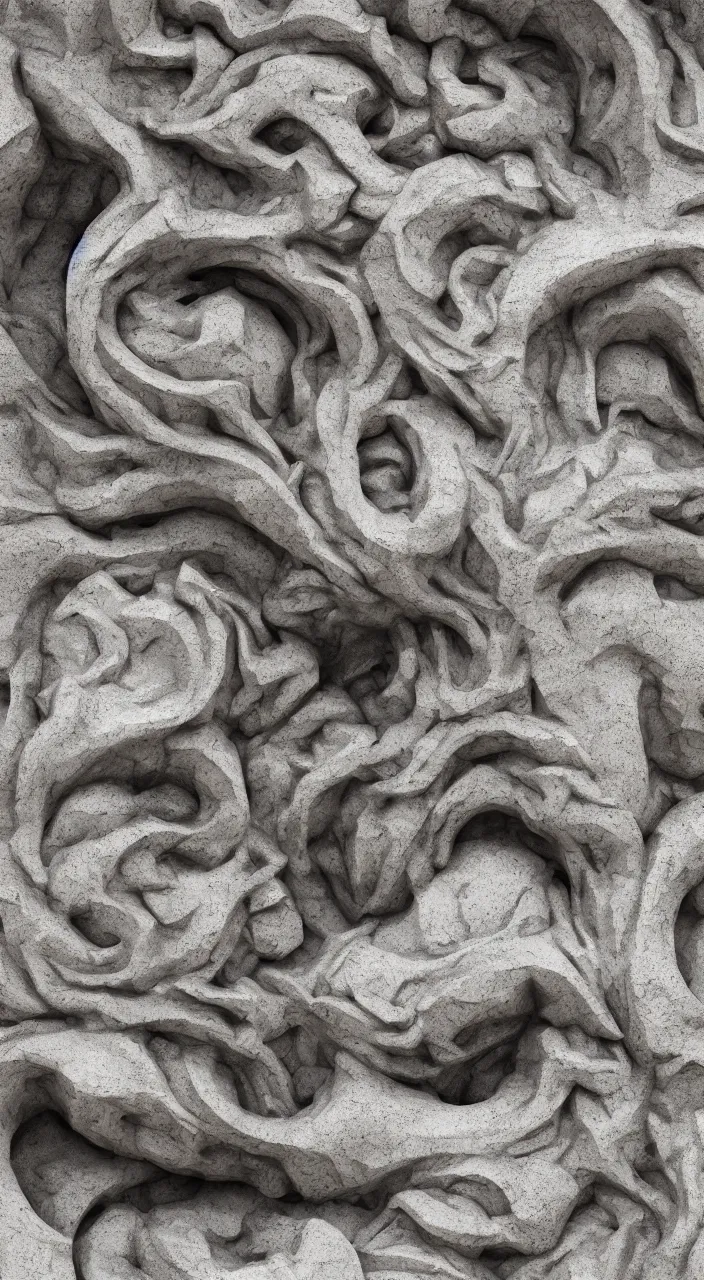 Image similar to a sculpture carved out of stone in the very organic elaborate shape of smoke and water, in a brutalist gallery space of concrete, global illumination, octane render, extreme detail, 8 k