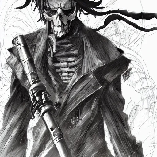 Prompt: grim reaper by takeshi obata, centered!!, skull face, trending artstation and cgsociety, pencil and ink, dramatic lighting, rule of thirds, digital art, sharp focus, 4 k, intricate, detailed face!!, destroyed city background