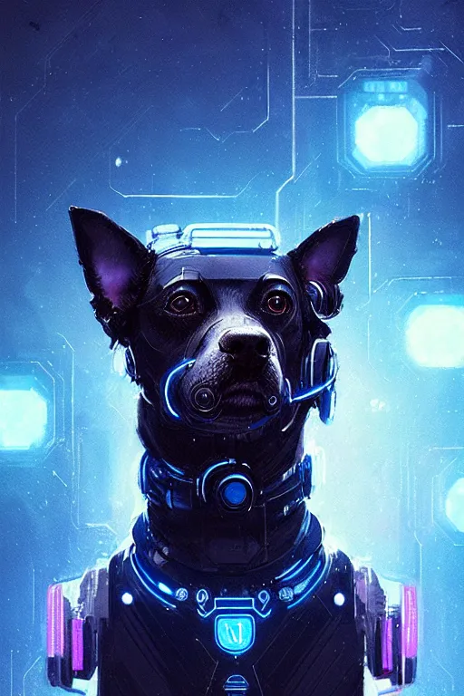 Image similar to a beautiful portrait of a cute cyberpunk dog with blue tinted starfield in the background by greg rutkowski and wlop, digital art, highly detailed, fine detail, intricate, ornate, complex